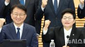 <b>파이팅 외치는 권칠승 더불어민주당 정책위의장-임이자 국민의힘 정책위의장</b>