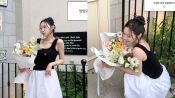 <b>'박성광♥' 이솔이, 꽃다발 들고 '활짝'…백리스 입고 가녀린 목선 자랑</b>
