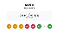 <b>1230회 로또 1등 '3, 8, 9, 22, 28, 42'…보너스 '45'</b>