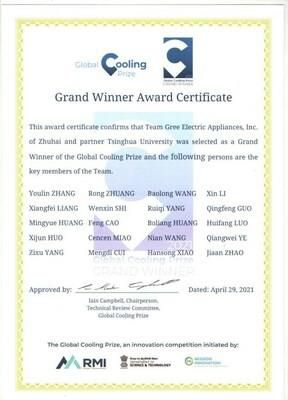 In 2021, Gree "Zero Carbon Source" air conditioning systemwon the highest award of the Global Cooling Prize (PRNewsfoto/Gree Electric Appliances, Inc)