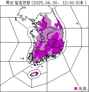 6월 30일 낮 12시에 서울을 포함한 전국 대부분 지역에 폭염 특보가 발효돼 있다.(사진=기상청)