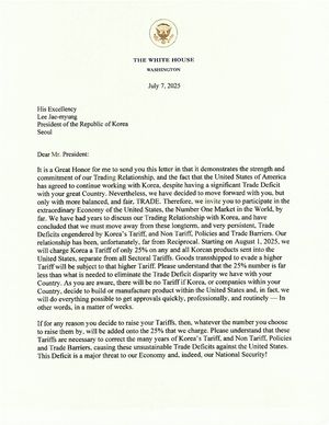트럼프 대통령이 한국에 보낸 무역 서한. 트루스소셜 캡처
