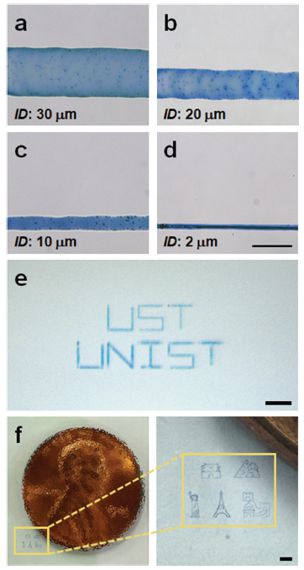 [노즐 직경(Inner diameter, ID)과 프린트된 라인의 너비 관계 분석] a-d: 다양한 노즐 직경으로 프린트된 프러시안 블루 패턴 너비 비교 e: 메니스커스 기반 프린팅으로 글씨를 쓴 모습 f: 메니스커스 기반 프린팅으로 전 세계 랜드 마크를 그리고 동전과 크기 비교를 한 모습 /사진=유니스트 제공