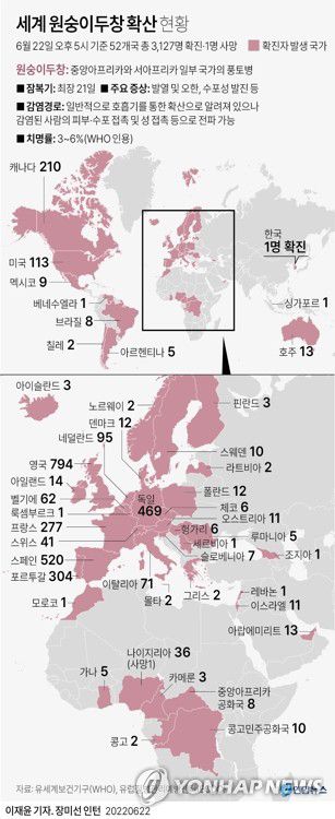 [그래픽] 세계 원숭이두창 확산 현황(종합2)(서울=연합뉴스) 원형민 기자 = 세계적으로 확산하며 글로벌 보건 위기 우려를 낳고 있는 감염병 원숭이두창의 확진자가 국내에서 처음 발생했다.     방역 당국은 확진자 발생에 따라 감염병 위기 수준을 '주의'로 격상하고 방역을 강화하기로 했다.      circlemin@yna.co.kr     페이스북 tuney.kr/LeYN1 트위터 @yonhap_graphics