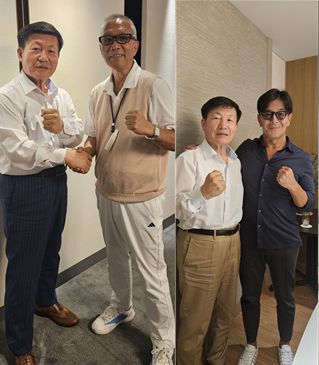 이각수 세계종합격투기연맹 총재가 ‘제1회 코리아 종합격투기(MMA) 월드컵 대회’ 개최 논의를 위해 지난 6월 일본에서 만난 일본 종합격투기 양대산맥 K-1 고문(가라케 정도관 설립자) 카주요시 이시 회장, 프라이드FC 노부유키 사카키바라 회장(격투기단체 라이진 대표)과 기념 촬영을 하고 있다.