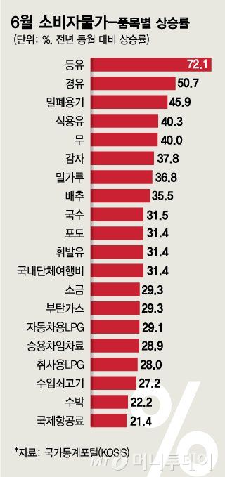 한국의 6월 주요 품목별 소비자물가 상승률 현황