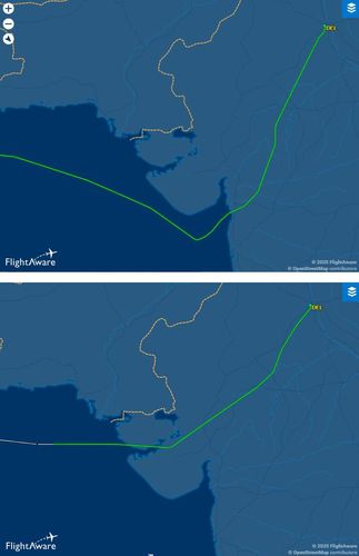 우회로 택한 항공궤적인도 뉴델리에서 출발해 독일 프랑크푸르트로 가는 루프트한자 LH761편의 항로 궤적. 7일 기록된 위쪽 사진과 달리 전날의 6일 궤적은 파키스탄 국경 쪽으로 붙어서 운항했다. [플라이트어웨어 캡처. 재판매 및 DB 금지