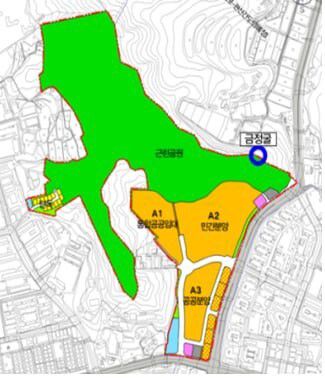 금정굴 부지는 LH에 의해 근린공원으로 수용됐지만 파란 동그라미에서 보듯 일부만 편입됐다. 김성회 의원실 제공