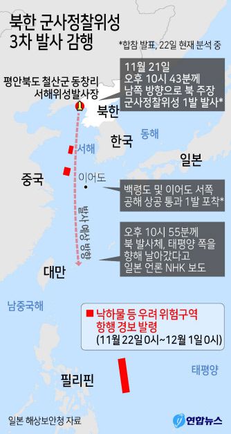 북한이 국제사회의 우려와 경고에도 불구하고 끝내 군사정찰위성을 발사하면서 한반도 정세가 요동치고 있다. 북한이 세 번째 시도한 정찰위성 발사에 성공했다고 밝힌 가운데 한국은 9·19 남북군사합의에서 대북정찰 능력을 제한하는 조항의 효력정지 조치에 나섰다. 국방부는 22일 오후 3시부터 이 조치가 시행된다고 밝혔다.