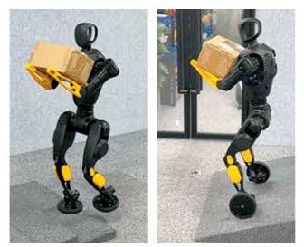 중국 즈위안로봇이 개발한 휠·풋 전환 휴머노이드 로봇 '링시 X2-N'이 풋 모드로 상자를 들고 계단을 오르고 있다. 오른쪽 사진은 휠 모드로 상자를 들고 경사면을 내려가는 모습.
  바이두