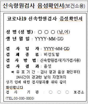 신속항원검사 음성확인서 보건소용 예시(질병관리청 제공) © 뉴스1