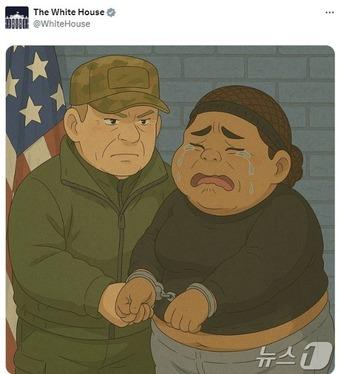 27일 백악관 공식 X 계정에 게재된 챗GPT로 생성한 지브리 스타일 이미지. 17일 미국 필라델피아에서 마약 밀매, 불법 거주 혐의로 체포된 여성의 모습을 챗GPT 이미지 생성 기능으로 재현한 것이다