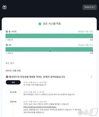 퍼플렉시티 AWS US-EAST 리전 오류증가에 시스템 마비 및 정상화(퍼플렉시티 상태페이지 갈무리)