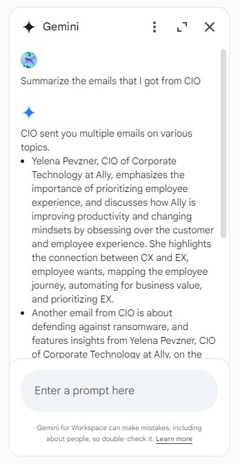 Gemini can also summarize multiple emails based on a description you provide.