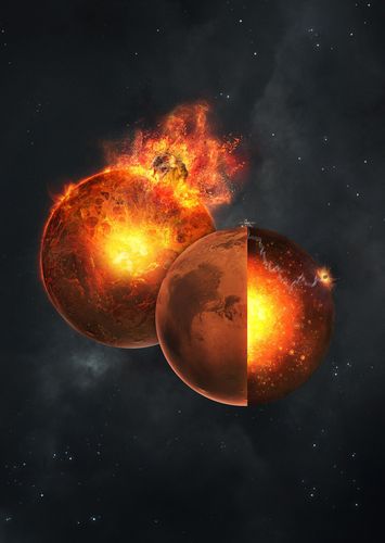 초기 화성의 거대 충돌과 이후 진화 과정 상상도 소행성 등과의 거대한 충돌로 화성에는 광대한 마그마 바다가 생성됐다고 굳으면서 충돌로 만들어진 크고 불규칙한 지각과 맨틀 파편들이 그 속에 갇혀 함께 굳으면서 현재의 맨틀이 형성된 것으로 추정된다. [Illustration by @vadimsadovski 제공. 재판매 및 DB 금지]