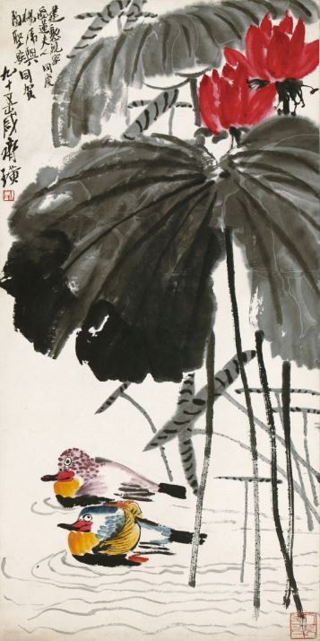 치바이스(齊白石), 꽃과 원앙(荷花鴛鴦), 1955, 종이에 먹, 색, 137.7x67.8cm, 중국미술관 소장