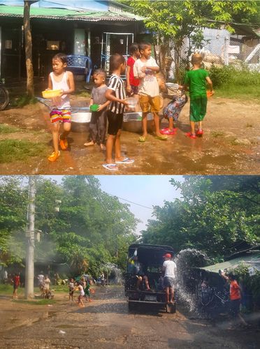 양곤 노스 오깔라빠구의 한 마을에서 물 뿌리는 어린이들. 2022.4.13.[양곤=연합뉴스] 이정호 통신원