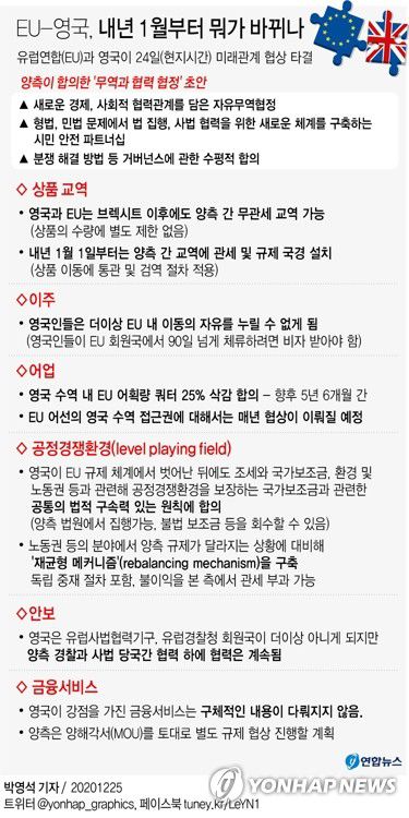 [그래픽] EU-영국 관계, 내년 1월부터 뭐가 바뀌나(서울=연합뉴스) 박영석 기자 =  zeroground@yna.co.kr