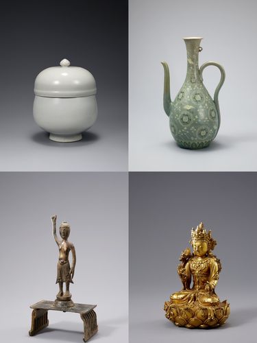 주요 전시품 윗줄은 보물 '백자 반합'과 '청자 상감운학국화문 병형 주전자'. 아랫줄은 보물 '금동탄생불입상'과 '금동대세지보살좌상' [호림박물관 제공. 재판매 및 DB 금지]