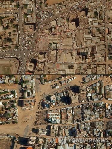 전쟁 발발 전후 엘파셰르 시장의 항공사진 비교(AFP=연합뉴스 자료사진) 2023년 1월 1일(상단)과 2025년 3월 12일(하단)에 촬영된 수단 북다르푸르주 중심지 알파셰르 시내 '하가르 카두 수크' 시장의 항공사진 비교. Planet Labs 제공 사진을 AFP가 배포함. 크레딧 표시 필수, 마케팅·광고 목적 사용 금지, 보도용으로만 사용 허용. 2025.4.14.