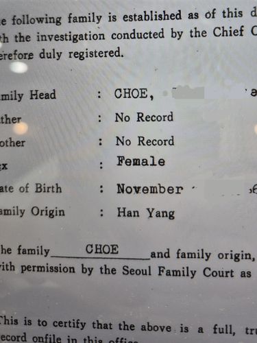 한 입양인의 입양서류다. 부모란에 'No Record'로 기록돼 있다[류동익 공동대표 제공]