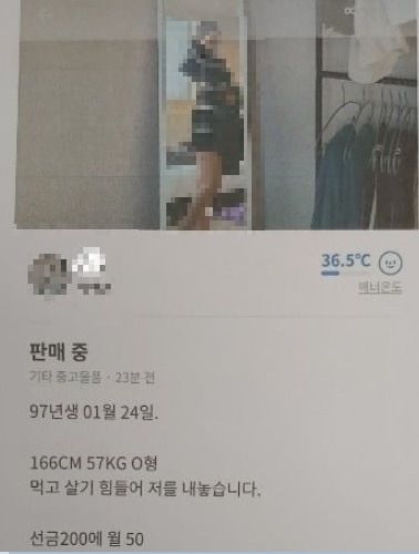 18일께 당근마켓에 올라온 한 여성의 전신사진. 신상정보와 함께 “먹고 살기 힘들어 저를 내놓는다”며 “선금 200에 월50” 등의 게시글이 등장해 논란을 일으켰다. 현재 게시글을 삭제됐다. 사진 속 인물이라고 주장하는 여성은 “친구가 사진을 도용한 것”이라며 해명에 나섰다. [당근마켓 화면 캡처]