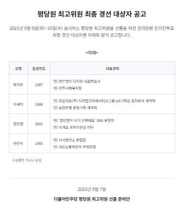 ▲더불어민주당 중앙당 선거관리위원회가 7일 발표한 평당원 최고위원 최종 경선 대상자 공고문. 이번 최종 경선에는 박지원 변호사 등 4명이 확정됐다.ⓒ더불어민주당 홈페이지