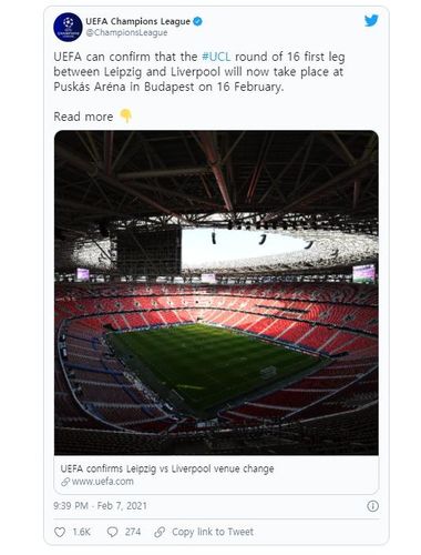 라이프치히-리버풀의 챔피언스리그 16강 1차전을 부다페스트에서 개최하는 UEFA.[UEFA 트위터. 재판매 및 DB 금지]