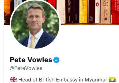 피트 보울스 주미얀마 영국 대리대사의SNS. 대사라는 표현 대신 주미얀마 영국 대사관의 공관장이라고만 표기하고 있다.  [피트 보울스 SNS 캡처. 재판매 및 DB 금지]