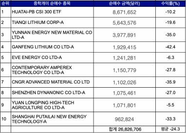 올해 하반기(7월 1일~11월 10일) 중학개미들이 중국 증시에서 순매수한 상위 10개 종목 수익률 현황. 출처=한국예탁결제원