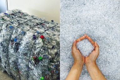 수퍼빈이 회수·압축한 폐페트병 더미(왼쪽)와 최종 생산품인 리사이클링 플레이크 [김은희 기자, 수퍼빈 제공]