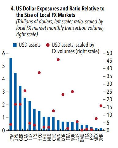 환노출 달러자산 및 외환시장 대비 배율(빨간점). IMF 글로벌 금융안전보고서