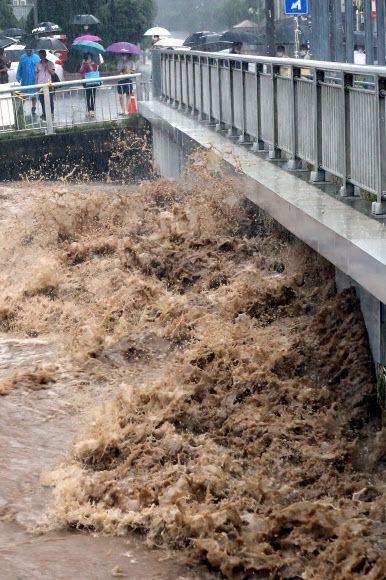 교량까지 물이 넘실 - 광주에 폭우가 쏟아진 7일 오후 광주 서구 양동시장복개상가 인근 태평교의 광주천 수위가 다리 부근까지 올라가 범람이 우려되고 있다. 2020.8.7 연합뉴스