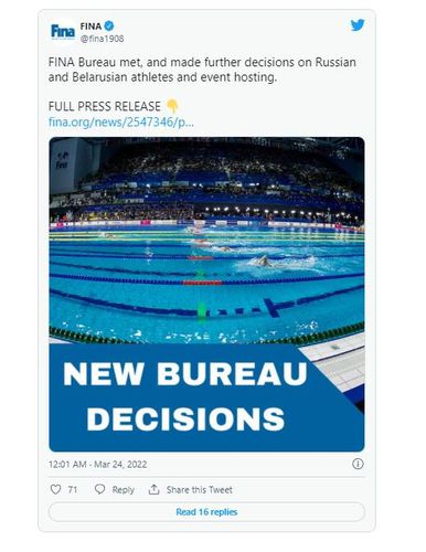 러시아와 벨라루스에 대한 추가 제재 결정을 알린 국제수영연맹.[FINA 트위터. 재판매 및 DB 금지]