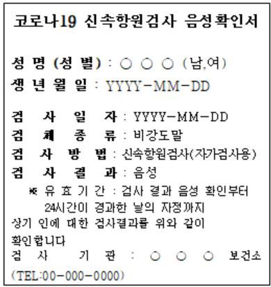 코로나19 신속항원검사 음성확인서[중앙방역대책본부 제공. 재판매 및 DB 금지]