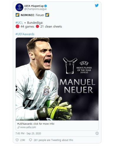UEFA 올해의 남자선수 최종 후보에 오른 마누엘 노이어.[UEFA 트위터. 재판매 및 DB 금지]