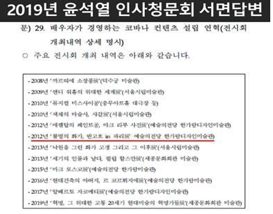 국민의힘 윤석열 대선 후보가 2019년 검찰총장 인사청문회 당시 국회에 제출한 서면 답변서 일부. 더불어민주당 제공
