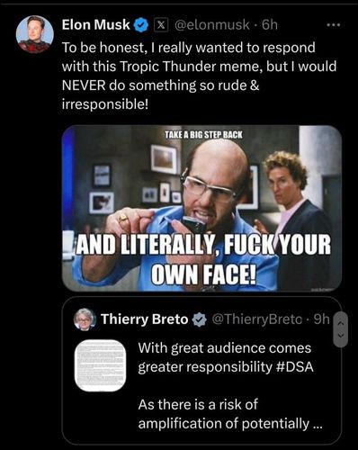 머스크가 티에리 브르통 위원에게 답한 트윗[일론 머스크 X 캡처. 재판매 및 DB 금지]