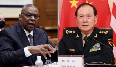 로이드 오스틴 미국 국방장관과 웨이펑허 중국 국방부장. 연합뉴스