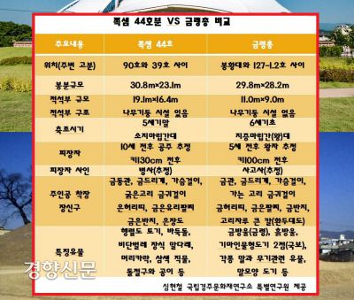 10살 가량의 공주무덤으로 추정되는 쪽샘 44호분과 5살 가량의 왕자무덤으로 판단되는 금령총의 비교표. 봉분 크기가 비슷하고, 유구와 유물 사이즈가 작은 것을 빼면 무덤구조와 출토유물의 구성과 내용이 완전히 상반된다. |심현철 국립경주문화재연구소 특별연구원 제공