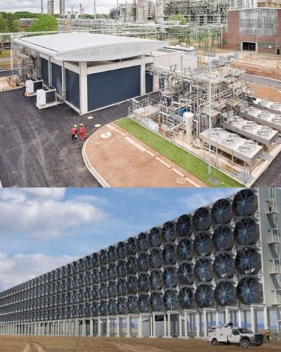 독일 쾰른의 수전해(PEM) 수소 생산 장치(위)와 미국 탄소 포집용 팬(아래). 두 장치를 사용하면 물과 대기에서 각각 수소와 이산화탄소를 추출해 합성할 수 있다. 로열더치쉘·미 기계공학학회 홈페이지 캡처