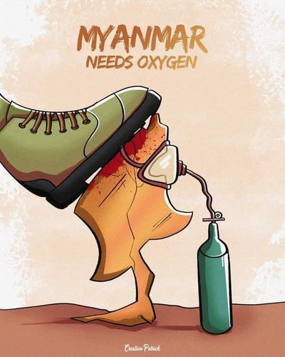 미얀마의 '산소 대란'을 나타낸 일러스트레이션[SNS 캡처. 재판매 및 DB 금지]