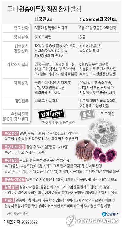[그래픽] 국내 원숭이두창 확진 환자 발생(서울=연합뉴스) 이재윤 기자 yoon2@yna.co.kr     트위터 @yonhap_graphics  페이스북 tuney.kr/LeYN1
