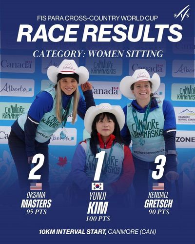 우승 차지한 김윤지(가운데)[국제스키연맹 소셜미디어 캡처. 재배포 및 DB 금지]