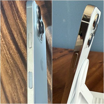 아이폰16프로와 아이폰14프로 측면 디자인 차이. 아이폰16프로 우측 하단에 '카메라 컨트롤' 버튼이 생겼다.