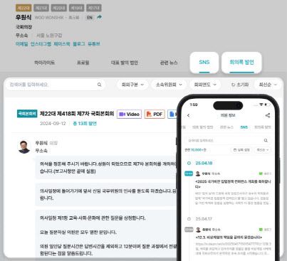 코딧 플랫폼에 추가된 ‘SNS’ ‘회의록 발언’ 탭 활용 예시(사진=홈페이지)
