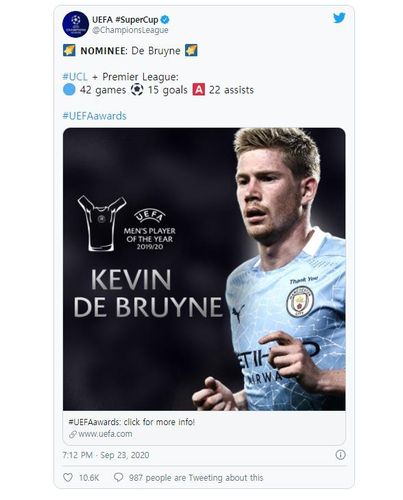 UEFA 올해의 남자선수 최종 후보에 오른 케빈 더 브라위너.[UEFA 트위터. 재판매 및 DB 금지]