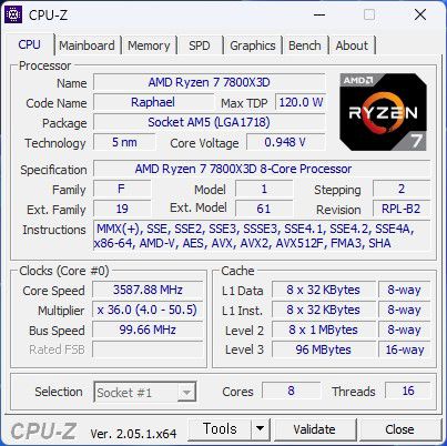 CPU-Z로 정보를 확인해봤다. AM5 소켓, 5nm 공정, TDP 120W, 8코어 16스레드 등의 구성을 확인할 수 있다.