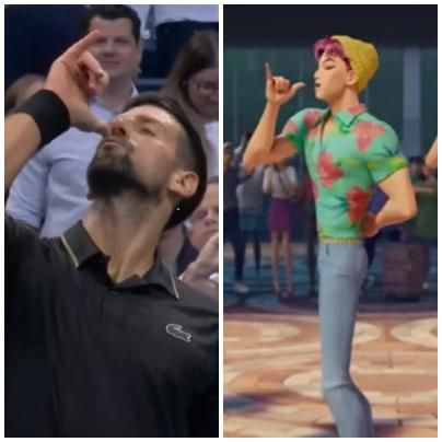 세계적인 테니스 스타 노바크 조코비치(왼쪽)가 지난 2일 미국 뉴욕에서 열린 US오픈 테니스 대회 남자 단식 준준결승에서 승리한 뒤 왼손 엄지 손가락을 입에 대고 춤을 추고 있다. 이 춤은 넷플릭스 애니메이션 'K팝 데몬 헌터스'에서 그룹 사자 보이즈가 노래 '소다 팝'에서 추는 춤이다. 조코비치는 딸이 이 춤을 가르쳐줬다고 웃으며 말했다. tvN스포츠 영상, 넷플릭스 영상 캡처