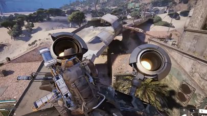 ‘아크 레이더스’ 드론형 기계 ‘로켓티어’에 올라탄 ‘레이더’의 모습